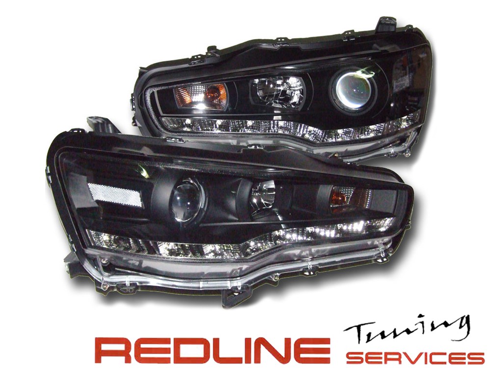 פנסים קדמיים DRL עם לדים מיצובישי לנסר החדשה 2008-2013 רקע שחור מחזיר אור לבן,DRL HEAD LIGHT MITSUBISHI LANCER EVO X